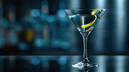 Wall Mural - A martini glass with a clear cocktail, garnished with a thin lemon peel