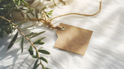 Wall Mural - Blank paper gift tag label mockup with rope and olive tree branch on white table background in sunlight Summer sale branding concept Mediterranean design Selective focus : Generative AI