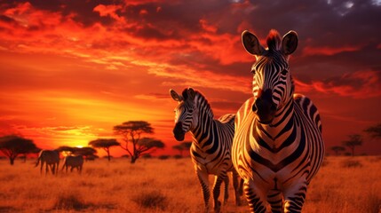 Wall Mural - A beautiful, vivid photograph showcasing zebras against a stunning orange and red sunset sky on the African savannah, capturing nature's raw, untamed beauty.