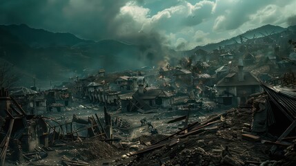 Wall Mural - A ruined village with the bodies of soldiers scattered among the debris