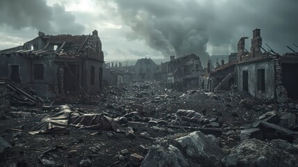 Wall Mural - A ruined village with the bodies of soldiers scattered among the debris