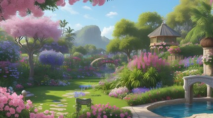 garden in the park 3D illustration of a paradise garden full of flowers on a gorgeous peaceful background in Eden..