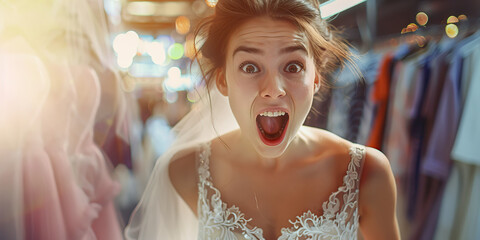 Wall Mural - A woman’s delighted reaction as she tries on her wedding dress for the first time