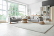 © Pixel-Shot - Interior of light living room with sofas, rattan table and soft carpet