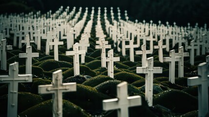 Wall Mural - Rows of white crosses in a military cemetery