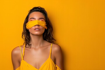 Beautiful young woman with perfect tanned skin and yellow eyeshadow wearing a yellow dress and posing with a yellow blindfold on her eyes against a yellow background