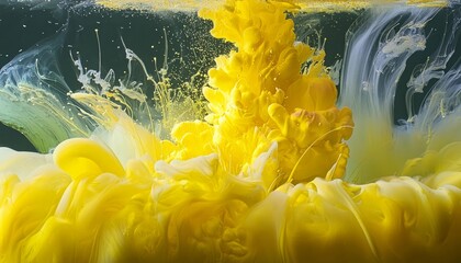 A close up image showing the interaction of yellow and white ink in water