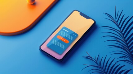 Poster - A smartphone displaying a social media news feed on a blue background with tropical plant leaves. Generative AI