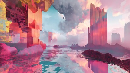 Wall Mural - 19. Generate a virtual reality-inspired abstract environment with glitched geometric shapes and digital artifacts, set in a surreal, pixelated landscape.