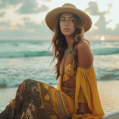 Wall Mural - pretty woman wearing bohemian style outfit at beach