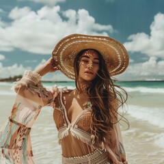 pretty woman wearing bohemian style outfit at beach