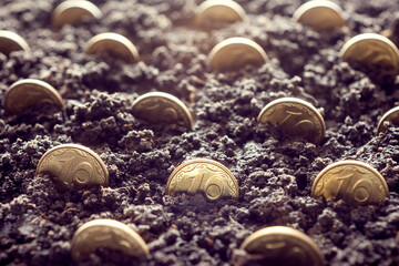 Growing gold coins in ground.