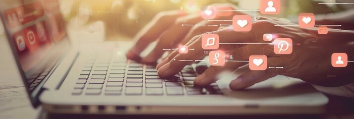 Poster - Hands typing on a laptop with social media icons floating around, representing the online world of digital engagement. Generative AI