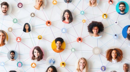 a vibrant, diverse group of individuals interconnected through a social media network, highlighting 