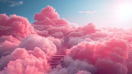 Wall Mural - Step ladder leading to clouds. Concept of development, growth, and future. Composition in pink.