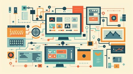 This illustration shows a simplified representation of the backend of a website or application, using a flat design style