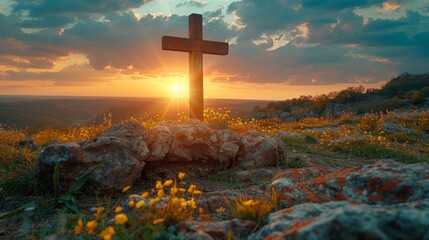 Wall Mural - The cross of Jesus Christ. Easter concept with dramatic lighting, colorful mountain sunset, dark cloudy sky, and sunbeams.