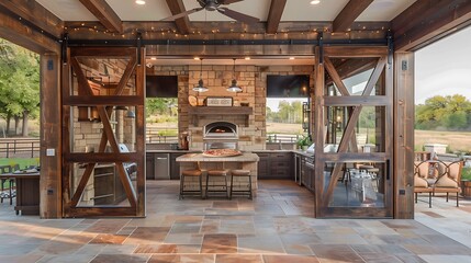 rustic kitchen with large barn doors that open to reveal an outdoor cooking and dining area complete with a stone pizza oven