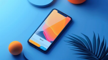Leinwandbilder - A smartphone rests on a blue background, displaying a social media news feed. Generative AI