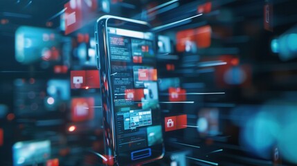 Leinwandbilder - A smartphone screen displaying a social media news feed with headlines, images, and notifications. Generative AI