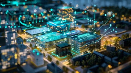 Sustainable, smart office buildings, small city sweden, data connected on circuit in blue and green. neon