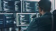 © PhotoMaster - Young Programmer Debugging Code on Multiple Monitors, Young IT Professional Debugging and Enhancing Algorithms on Multiple Monitors in High-Tech and Modern Workspaces, Coding, C++, JavaScript, Python