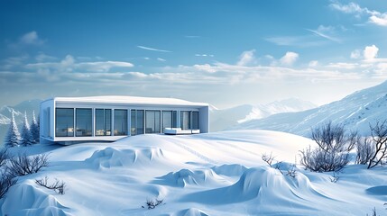 off-white mountain retreat with panoramic windows overlooking a snow-covered landscape, perfect for a winter getaway