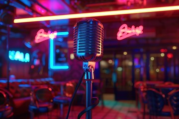 Microphone on the background of a nightclub with neon lights, Ai generated