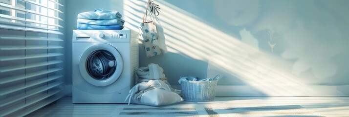 Sticker - A white washing machine sits in a bright room, next to a pile of neatly folded clean laundry. Sunlight streams through the window, illuminating the space. Generative AI