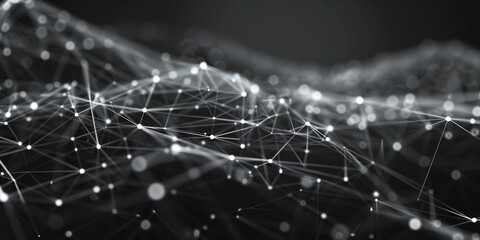 Black background, white dots in the shape of waves, dots connected by lines, digital technology
