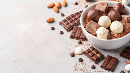 Wall Mural - Assorted chocolates and truffles in a white bowl with scattered almonds and chocolate bars on a light textured background.