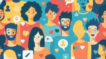 Fototapete - Diverse group connected on social media, vibrant colors, inclusivity, and positive community vibes. Generative AI