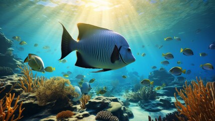 Underwater coral reef scene with colorful tropical fish and vibrant marine life in clear blue ocean water