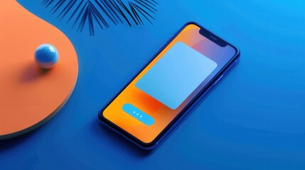 Leinwandbilder - A smartphone displays a blank social media news feed screen on a blue surface, set against a vibrant background, showcasing its modern design and functionality. Generative AI