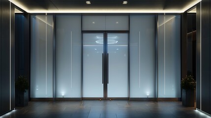 Wall Mural - ultra-modern entryway with a door of frosted glass panels, illuminated by LED lights and framed by sharp, clean lines