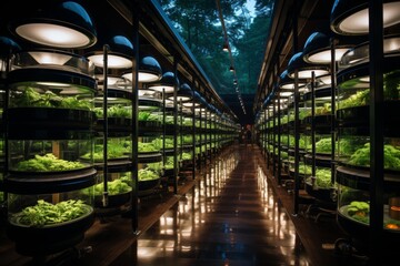 Wall Mural - Modern greenhouse with glass tubes of plants lit by LED lights, creating a controlled environment for plant growth. The eerie green glow at night adds to the futuristic atmosphere