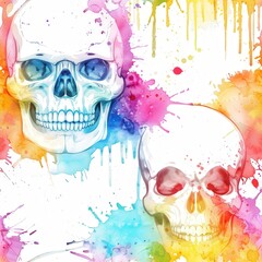 Sticker - seamless pattern, watercolor painting of a skulls, splashed with bold and lively colors against a clean white background, 