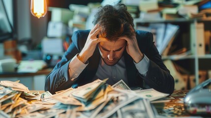 Poster - man distressed with head down with piles of money, financial problems