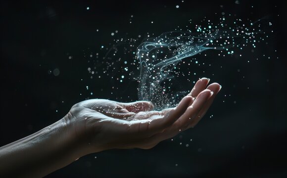 A magician's hand with magic powder floating on its surface. Faith in religion or belief in God on blessing background.