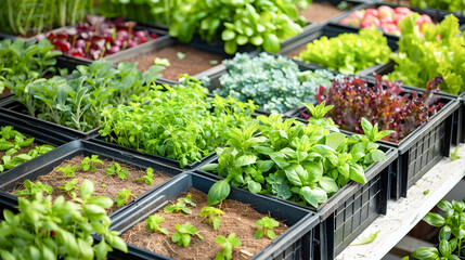 Wall Mural - Lush vegetable garden with various fresh organic produce in raised beds showcasing sustainable urban farming and self sufficient living in an eco friendly community oriented environment