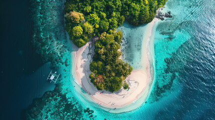 Wall Mural - Drone view of island with white sand, beautiful ocean