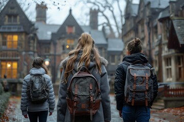 Wall Mural - Three Students Walking Down a Street in Front of Old Buildings