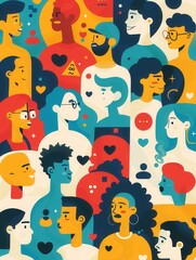 Poster - A vibrant illustration depicting a diverse group of people interacting online, showcasing the inclusivity and dynamic nature of online communities. Generative AI