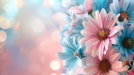 Poster - Border of a beautiful pink blue daisy flowers gentle flower bouquet fine art background selective focus tender greeting card for wedding day : Generative AI