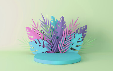 Wall Mural - Tropical paper palm, monstera leaves and flowers frame, podium platform for product presentation. Summer tropical leaf. Origami exotic jungle, summertime background. Paper cut 3d render