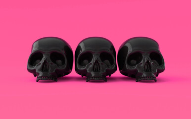 Wall Mural - Human scull 3d rendering. Black death's-head on pink  background.  Scary halloween dead skeleton head symbol