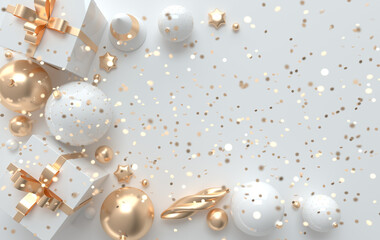 Wall Mural - merry christmas and happy new year 3d render illustration card with white, golden xmas balls, stars,