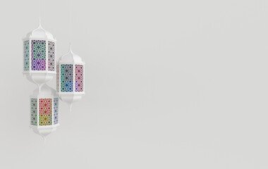 Wall Mural - White lantern with candle and colorful glass, lamp with arabic decoration. Concept for islamic celebration day ramadan kareem or eid al fitr adha. 3d rendering