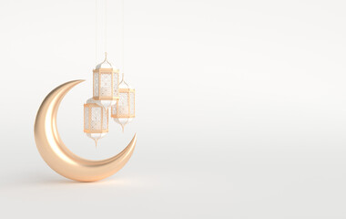 Wall Mural - Golden lantern and crescent moon on white background for muslim holiday Ramadan Kareem. Traditional religious islamic symbol
