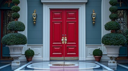 Poster - Neo-Georgian entryway with a cherry red door, accented by symmetrical topiaries and polished brass fixtures